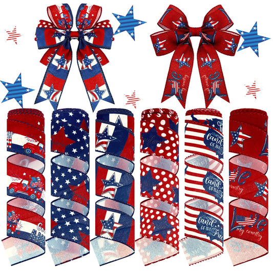 Tigeen 6 Rolls 30 Yards 250th Anniversary Memorial Day 4th of July Patriotic Ribbon Stars and Stripes Burlap Wired Edge Ribbon White Red Blue Decor for Independence Day Gift DIY Wreath Bow Craft