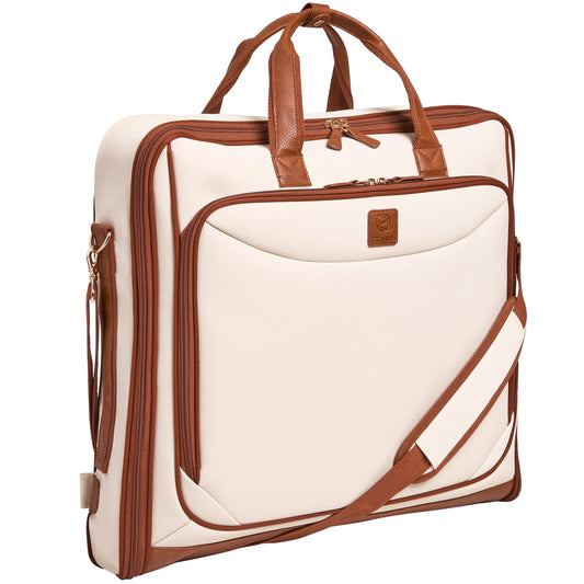 ZEGUR Premium Garment Bag Carry On for Women - Hangs Blazers, Pantsuits & More - Travel Bag with Shoulder Strap and Laptop Compartment (Beige with Saddle Brown Leather)