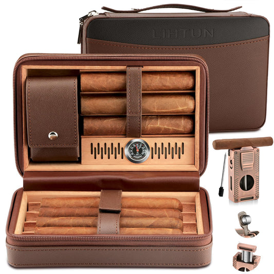 LIHTUN Cigar Humidor, Leather Cedar Wood Travel Cigar Case and Multifunctional in 1 Cigar Lighter Set Portable Travel Humidor Box Cigar Gift for Men (Brown)