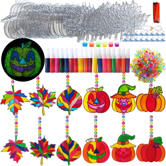 Ayhuhra 30 Sets Fall Leaf Pumpkin Suncatchers Craft Kits DIY Window Suncatchers Fall Pumpkin Arts and Crafts Activities Halloween Sun Catchers for Seniors Autumn Halloween Art Project