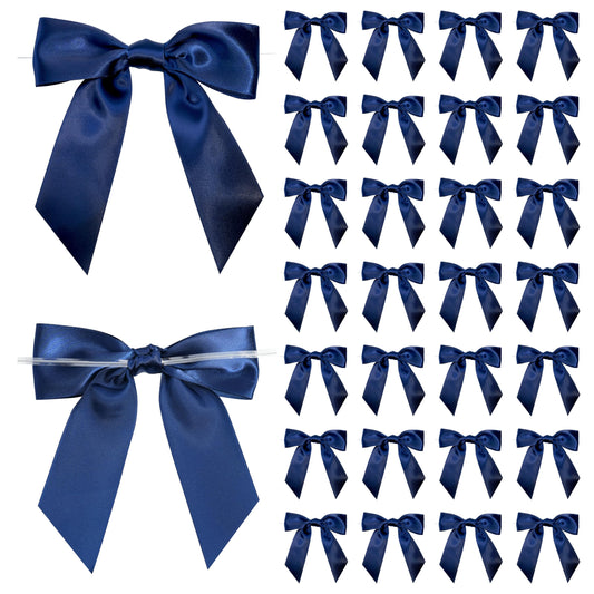 LIZLOVESS Navy Blue Satin Ribbon Twist Tie Bows 5 Inch Pre-Tied Blue Gift Bows for Crafts, Treat Bags, Party Favors, Wedding, Baby Shower, Candy Apple, Christmas Tree (36 Pack)