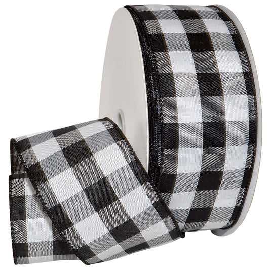 Morex Ribbon 7398.60/50-613 Cambridge 2.5" X 50 YD Wired Ribbon, Black and White, Buffalo Check Plaid Ribbon for Gift Wrapping, Christmas Decorations Indoor Home Decor, Craft Supplies & Materials