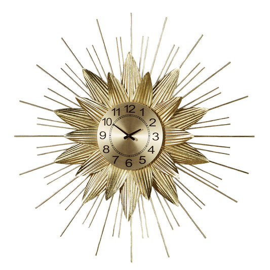 Radiant Burst Multi-Layered Wall Clock | Metallic Gold Foil Finish | Center Quartz Movement Wall Clock with Bold Numerals | Radiating Abstract Sunburst or Flower-Like Shape With Layered Rods & Petals