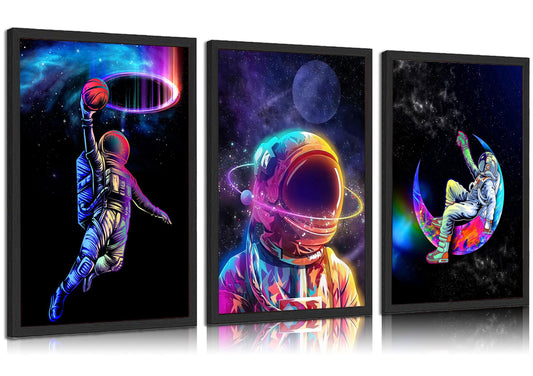 3pcs Cool Astronaut Canvas Wall Art Funny Whimsical Spaceman Basketball Posters Prints Paintings Universe Space Boy Wall Decor Pictures for Teen Boys Room Living Room Bedroom Decoration Unframed