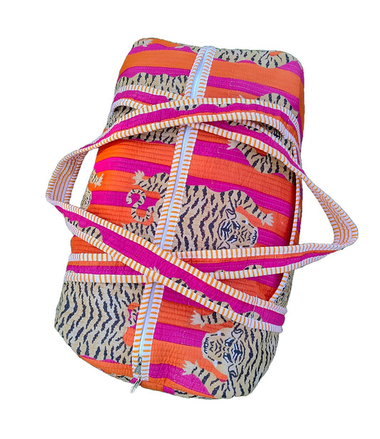 INDACORIFY Indian Cotton Tiger Print Quilted Duffle Bag Large Size Beautiful Print Weekender Bags Handmade Shoulder Travel Overnight Bag