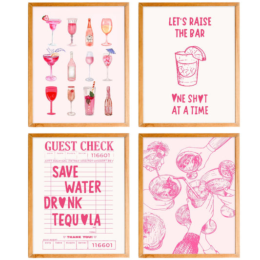BearCake Pink Bar Wall Decor, Funky Preppy Champagne Cocktail Girly Poster Wall Art for Home Bar Cart Lounge Club Girls Room Apartment Decor Posters, 11x14 Inches UnFramed