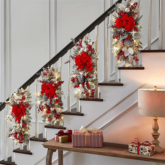 2025 Cordless Christmas Swags Prelit Teardrop Swag Christmas Staircase Decorations Artificial Stairs Christmas Garland with Lights Rustic Christmas Swag for Front Door Wall Window Stair Home Decor (A)