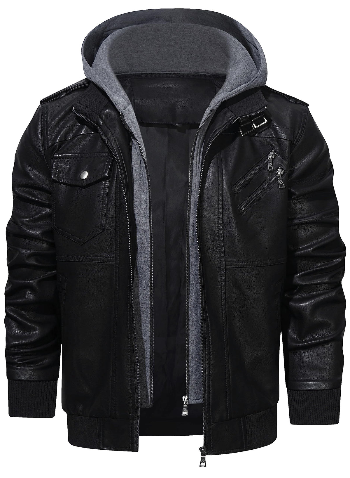 HOOD CREW Men’s Casual Stand Collar PU Faux Leather Zip-Up Motorcycle Bomber Jacket With a Removable Hood