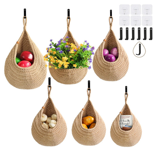 LOCS MICRAI Hanging Fruit Baskets for Kitchen - 6 Pack Boho Wall Hanging Basket,Handwoven Wall Fruits Basket,for Garlic Potato Vegetable Onion Teardrop Home Hanging Storage Baskets(Brown Classic)