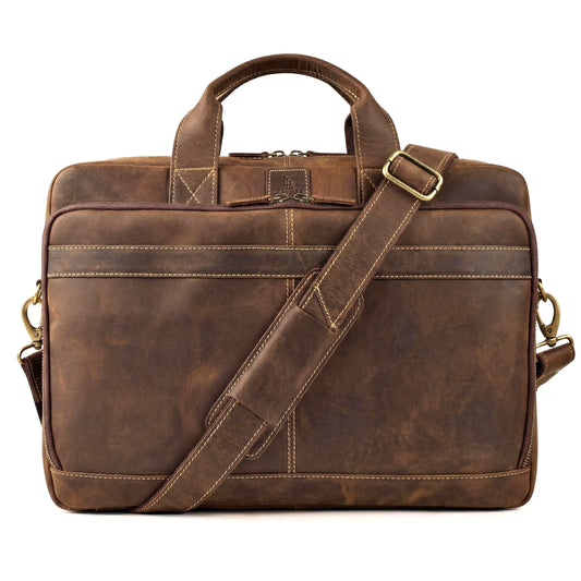 Mens Full Grain Leather Briefcase Fits 16 Inch Laptop, Leather Laptop Messenger Shoulder Satchel, Vintage Professional Work Office Bag - Brown