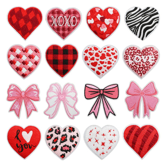 16 Pcs Valentines Iron on Patches Romantic Embroidered Sew Applique Repair Patch for Clothes, Backpacks, Red Love Heart Pink Bow Designs Iron on Patch