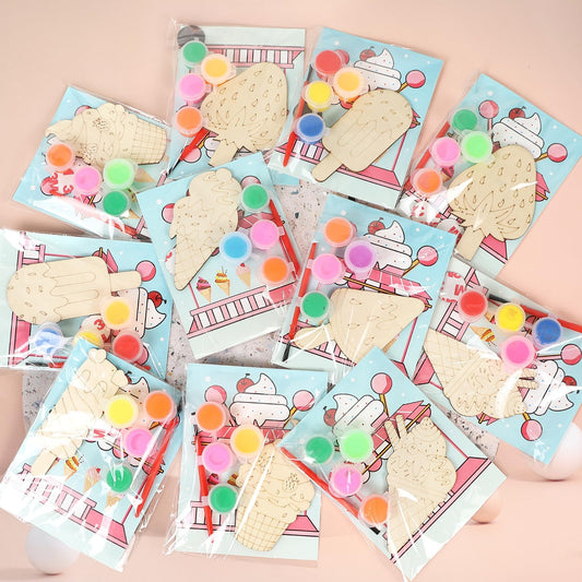 LARDUX 24pcs Ice Cream Party Favors Wood Painting Crafts - 8 Styles Ice Cream Shape Unfinished Woodchips Cutouts Craft Kits with Glow in The Dark Paint DIY Party Favors Birthday Party Decorations
