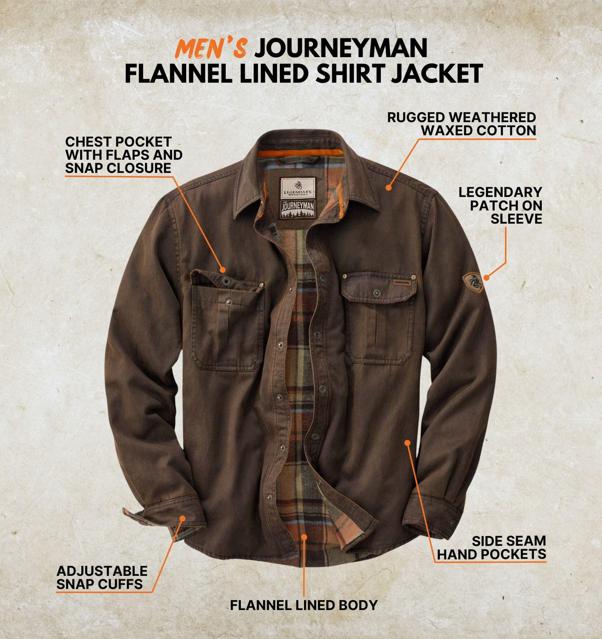 Mens Flannel Lined Waxed Cotton Shirt Jacket, Tobacco, 5X-Large