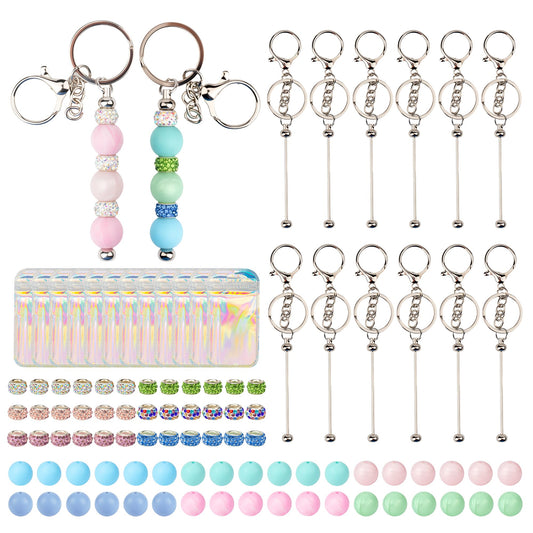 Qoroos 96pcs Beadable Keychains Set Bulk for Keychain Making Kit with Beadable Keychain Bar Silicone Beads Spacer Beads DIY Gifts for Women Men Crafts