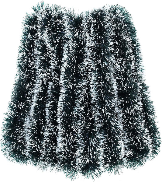 32.8 Ft Christmas Tinsel Garland, Dark Green Garland-Thick White Snow Metallic Garland for Christmas Tree, Wedding Birthday Xmas Disco Holiday Party