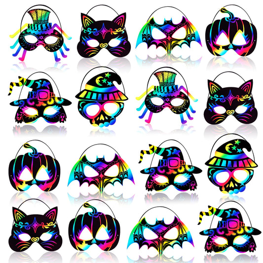 Max Fun 48PCS Halloween Crafts for Kids Kit, Rainbow Scratch Art and Crafts Mask, Birthday Cosplay Classroom Decoration, Magic Scratch Paper Halloween Party Favors Supplies Bat Witch Pumpkin Zombie