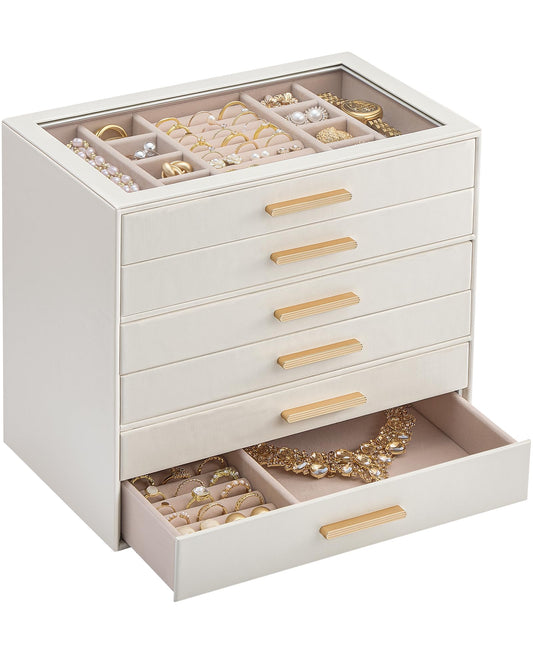 Lolalet Jewelry Box Organizer, 6-Layer Jewelry Organizers and Storage Case with Glass Lid, Ring Earring Bracelet Necklace Holder Organizer, Birthday Valentine Gifts for Women Girls -6Layer, Beige