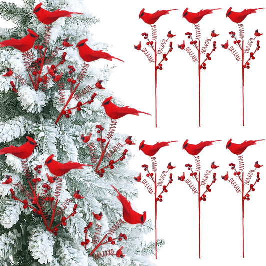 Thyle 6 Pack Cardinal Winter Tree Picks Cardinal Feathers Red Birds Decorating Stakes Artificial Red Berry Stems Holly Berry Branches for Tree Decorations DIY Crafts