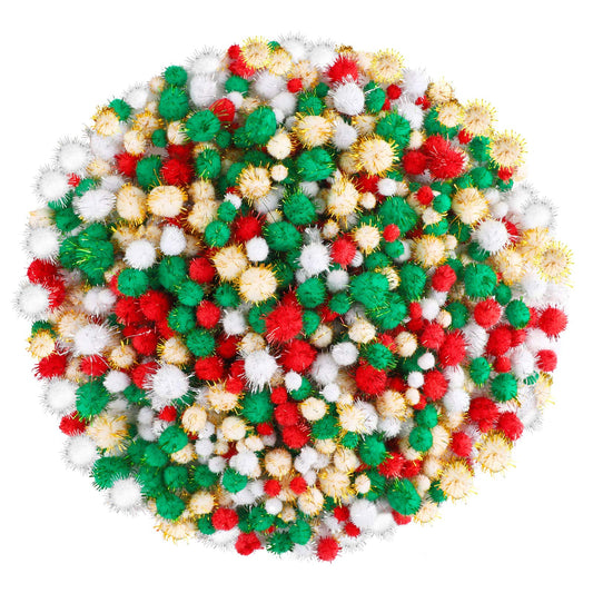 Aneco 900 Pieces Glitter Christmas Pom Poms Assorted Sizes and Colors Pompoms with Glitter Foil Christmas Crafts Fluffy Balls for Holidays DIY Art Crafts Supplies