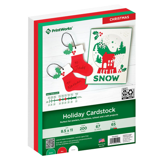 PrintWorks Holiday Cardstock 8.5" x 11" - 200 Sheets - 3 Assorted Christmas Cardstock Colors - Ideal for School & Craft Projects - 67 lb/147 gsm & 65 lb/176 gsm - Made in the USA (00592)