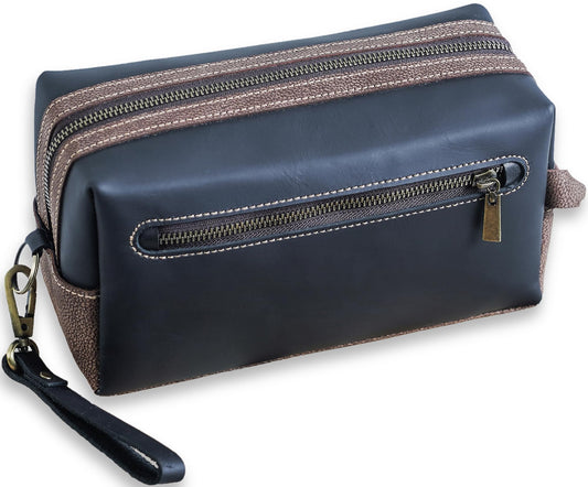 Premium Real Leather Toiletry Bag With Hook, Handmade Full-Grain Genine Leather Kit Bag for Men & Women, Water-Resistant Travel Organizer (Fits 3-4 oz Bottles) Luxury Shaving/Grooming Kit Gift