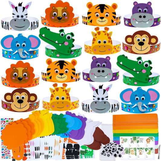 Winlyn 24 Sets Jungle Animal Headbands Craft Kits Safari Crown Art Sets DIY Zoo Party Headbands Foam Stickers Arts and Crafts for Kids Jungle Safari Birthday Activities Party Favors Decorations
