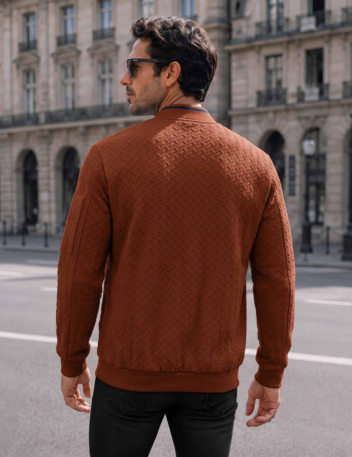 JMIERR Men's Textured Full Zip Bomber Jacket Multi Pockets,Brown,2XL