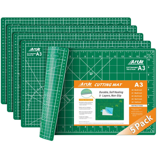 ArtAt Self Healing Cutting Mat: 【5 Pack Cutting Mat 12″x 18″】 Green Double Sided Non-Slip 5 Layers PVC Durable Craft Sewing A3 Mat for Rotary Cutter
