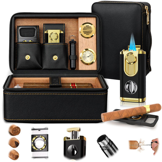 Travel Cigar Humidor Set, 2-Layer Design & CedarWood Lined, with Cigar Lighter Built-in V Cutter&Holder, Cigar Cutter, Draw Enhancer, Hygrometer, Humidifier, Portable Leather Cigar Case, Gifts for Men