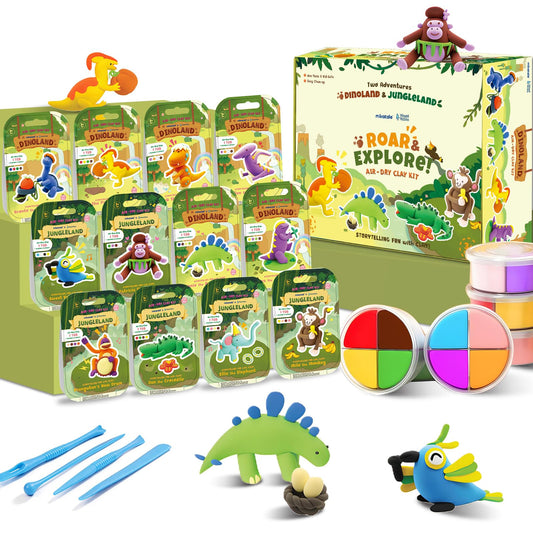 Air Dry Clay Kit for Kids -12 Dinosaur Theme Colored Clay Sculpting kit, Ultra Light DIY Model Magic Clay with Sculpting Tools and Tutorials, Soft & Non-Sticky, Arts and Crafts Gift for Kids