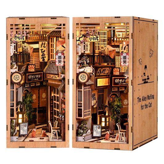 DIY Book Nook Kit, 3D Wooden Puzzle Bookend with LED Light, Japanese Street Alley Miniature House Model, Creative Shelf Insert Decor & Arts Crafts Gift for Adults Teens (The Alley Waiting for the Cat)