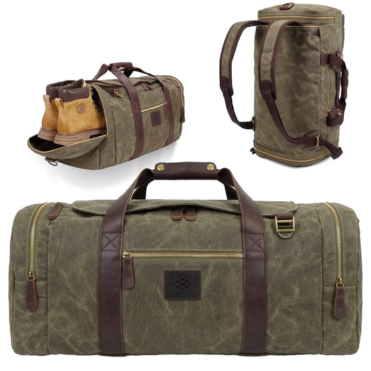 Densata Duffle Bag for Travel, 50L Waxed Canvas Duffle Bag Vintage Travel Bag Overnight Bag with Shoes Compartment Men (Vintage Grey, Large-50L)