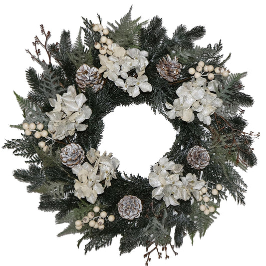 BINFEN 20” Glitter Pine Christmas Winter Wreath with Metallic Silk Hydrangea Pinecone & White Berry – Mixed with Norfolk Cypress Cedar & Spruce, Wreaths for Front Door Porch Mantel & Fireplace Decor