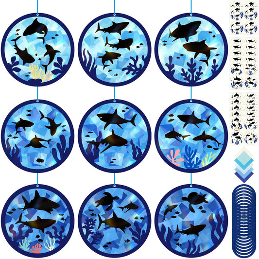 Renbuzhu 48PCS Summer Crafts: Paper Shark Suncatchers DIY Kits, Window Stained Glass Effect Art Supplies