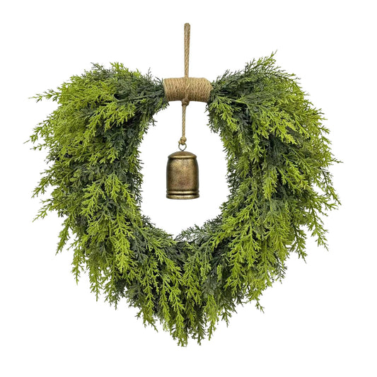 20" Heart-Shaped Wreath for Front Door – Faux Greenery with Rustic Bell – Waterproof & Fade-Resistant Christmas Decor for Porch, Holiday Wall or Indoor Use