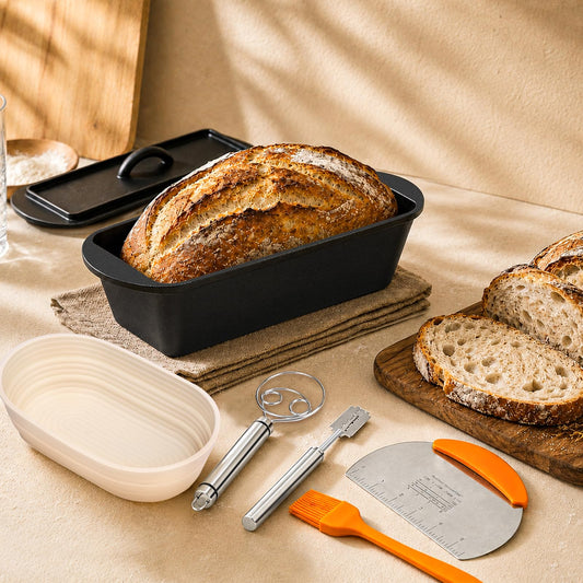 Cast Iron Dutch Oven Bread Loaf Pan with Lid, 14 x 5.5 Inch 3.2QT Pre-Seasoned Pan for Sourdough Baking, Includes Baking Supplies for Homemade Artisan Bread, Heavy Duty with Even Heat Distribution