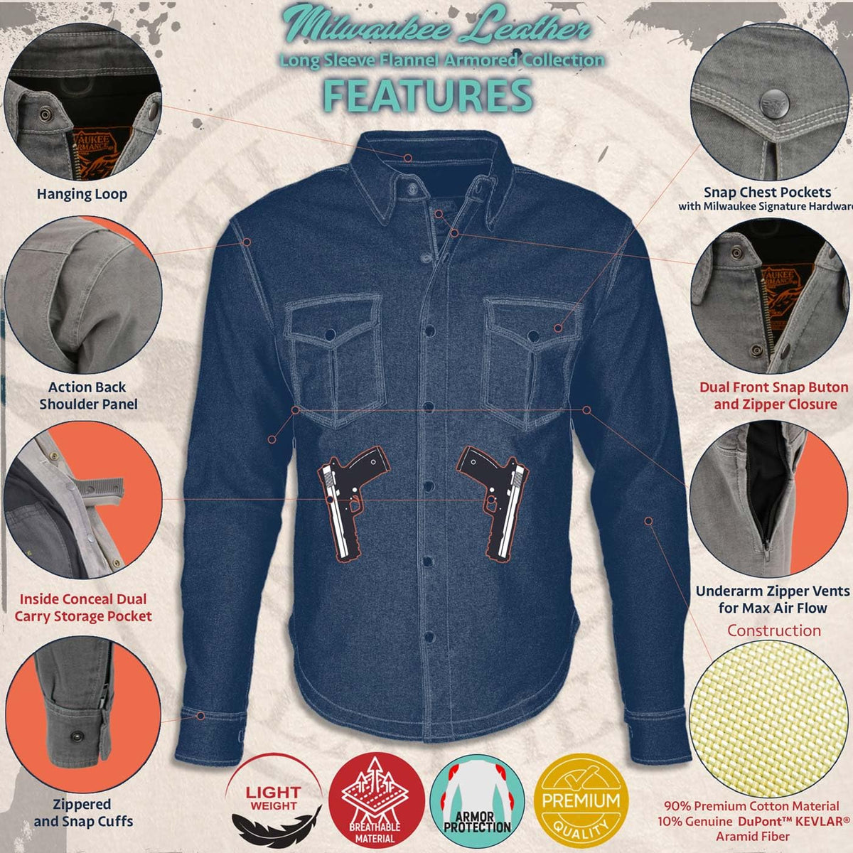 Milwaukee Leather MPM1633 Men's Plaid Flannel Biker Shirt with CE Approved Armor - Reinforced w/Aramid Fiber - X-Large Multi