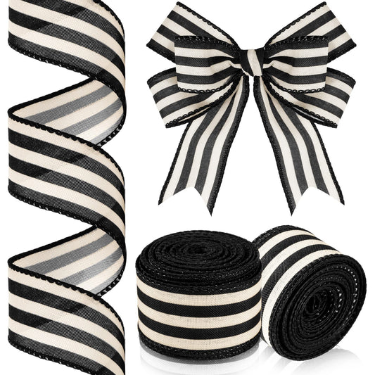Moukeren 2 Rolls Black and Cream White Stripe Wired Edge Ribbon Halloween Rustic Ivory Boho Black and White Ribbon for Christmas Party Gift Wrapping Bow DIY Craft Home Decor(1.5 Inch, 20 Yard)