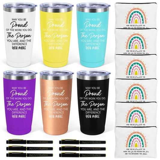 iAOVUEBY 6 Set Employee Appreciation Gifts Bulk, Gift for Coworkers Teachers Nurses, 20 OZ Inspirational Stainless Steel Tumbler Makeup Bags Pen Thank You Gifts For Women Men Team Staffs