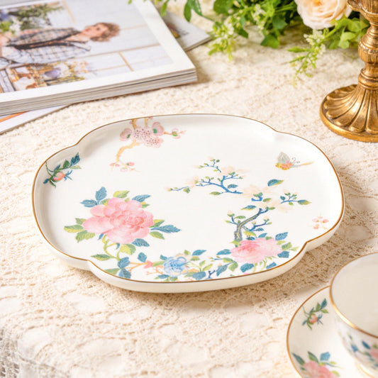 KAMMAK Ceramic Decorative Plate, Porcelain Plates for Kitchen Dining Room Wine Cabinet Home Decor, Vintage Collector Plates with 1 Display Stand, Four-Leaf Clover - Peony