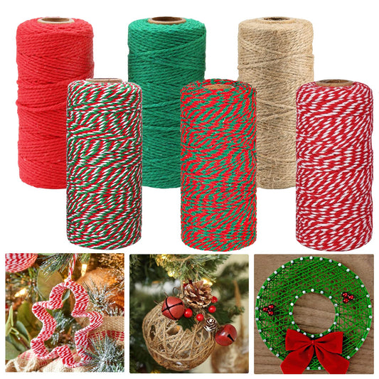 Doumeny 6 Rolls Christmas Cotton Twine 984 Feet Xmas Bakers Cotton String Rope Red Green White Gift Wrapping Cord Natural Jute Ribbon Twine for Holiday Packing Baking Butchers DIY Handmade Arts Crafts