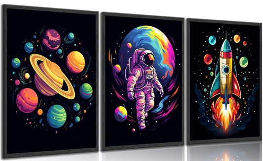 3PCS Outer Space Wall Art Colorful Galaxy Posters Prints Artwork Planets Astronauts Rocket Paintings Pictures Wall Decor for Boys Room Classroom Playroom Home Decoration Unframed.