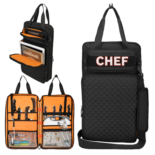 FURIMETY Professional Knife Bag with Front Pocket for Cookbook & Pad, Chef Knife Bag With Shoulder Strap, Knife Carrying Case for Kitchen Tools & Chef Utensils, Quilted Black
