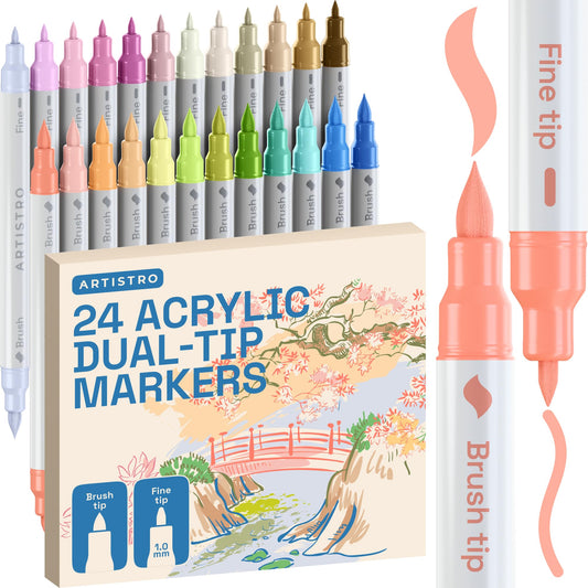 ARTISTRO 24 Pastel Acrylic Paint Markers - Paint Pens for Drawing, Brush + Fine Tips - For Fabric, Rock, Glass, Wood, DIY - Art & Craft Supplies for Adults, Teens, Kids - Teacher Appreciation Gift