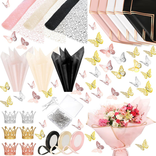 Qilery 334 Pcs Flower Wrapping Paper Set,153 Waterproof Floral Bouquet Wrapping Paper,72 3D Gold Butterfly Decoration,100 Pins, 6 Crowns and 3 Ribbons for DIY Craft(Pretty Color)
