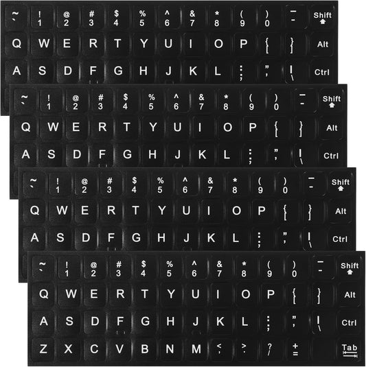 Xinjoduz 4 PCS Universal English Keyboard Letter Stickers, Black Background with White Lettering, Keyboard Stickers