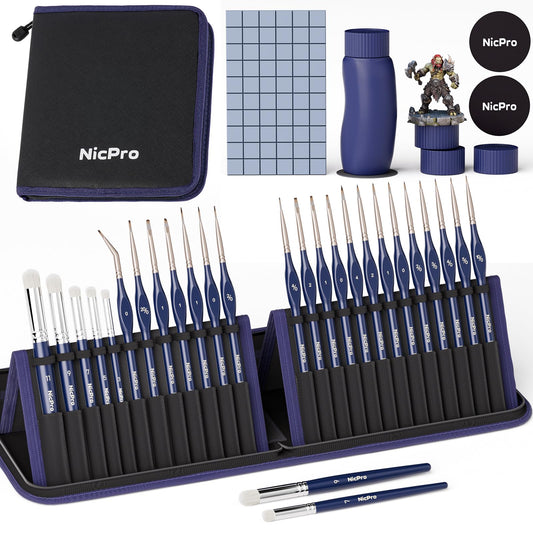 Nicpro Professional Miniature Painting Kit - 25PCS Miniature Paint Brushes Drybrush with Magnetic Painting Handle, Model Paint Brushes for Miniatures, Model, Craft, Acrylic Painting, with Nylon Bag