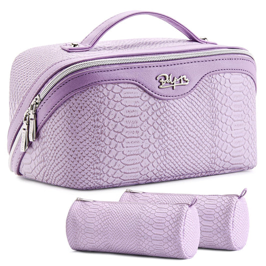 BOYATU Travel Makeup Bags for Women: 3 Pcs Set Wide Open Cosmetic Bag - Portable Make up Bags with Handle - Vegan Leather Toiletry Organizer Bag with Divider (G-01-Purple)