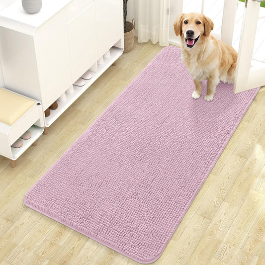 OLANLY Dog Door Mat - Absorbent Non-Slip Chenille Mat for Muddy Paws | 47x24, Quick Dry, Dusty Rose