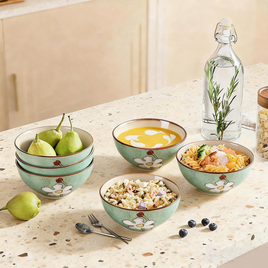 WHITEPEONY 28oz Ceramic Bowls Set of 4 for Kitchen, 6 Inch Hand-painted Floral Serving Bowls, Dishwasher Microwave Oven Safe, for Salad, Pasta, Ramen, Rice & Dessert, Breakfast Lunch Dinner, Green
